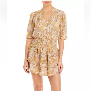 AQUA Retro Floral Print Smocked Mini Dress Size M